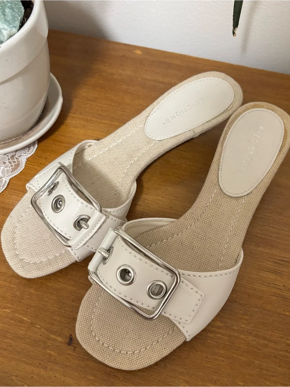 Predictions Cream Slide Heels with Silver Buckle
